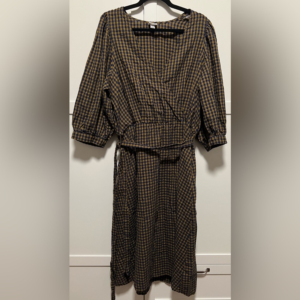 A New Day Dress Wrap Seersucker Olive Green Blue Gingham Plaid